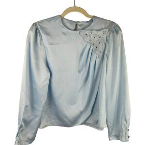 NEW Vintage 80s La Bene Blouse Women Medium Blue Long Sleeve Retro Secretary